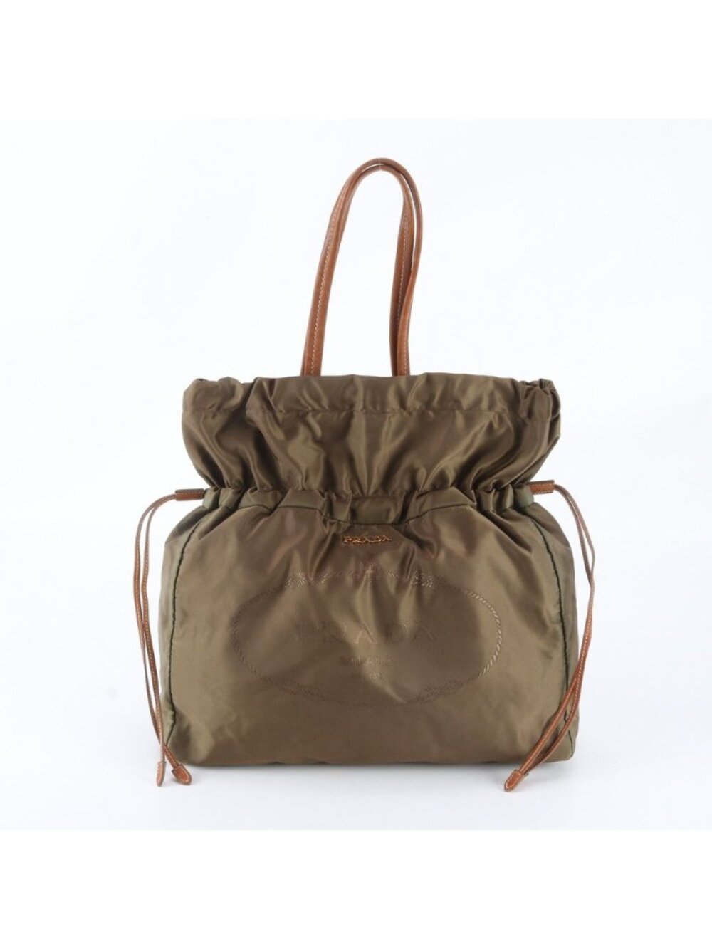Prada Tessuto Nylon Jacquard Logo Drawstring Leather Tote Bag Shoulder Hand